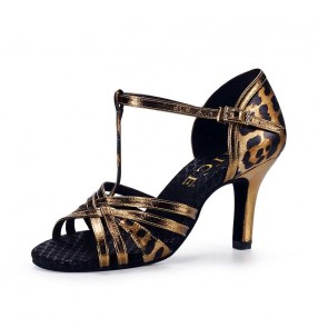 Women's latin dance shoes gold silver leopard sheep skin leather salsa rumba dancing sandals soft soles indoor style